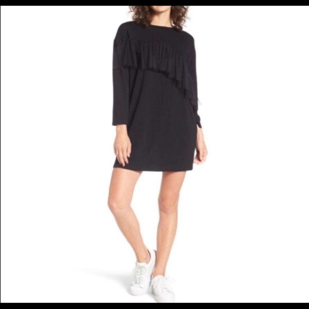 EVERLY Mesh Ruffle Long Sleeve Black Shift Dress S